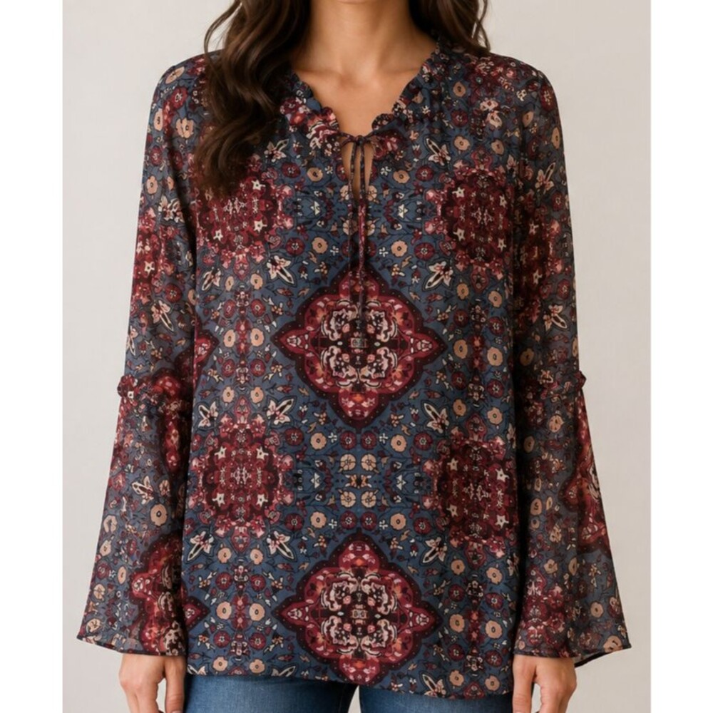 White House Black Market Womens Top L Multicolor V Neck Geometric Tunic